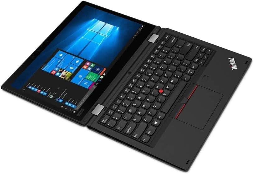 Open black ThinkPad laptop with Windows 10 screen, flat on a white background