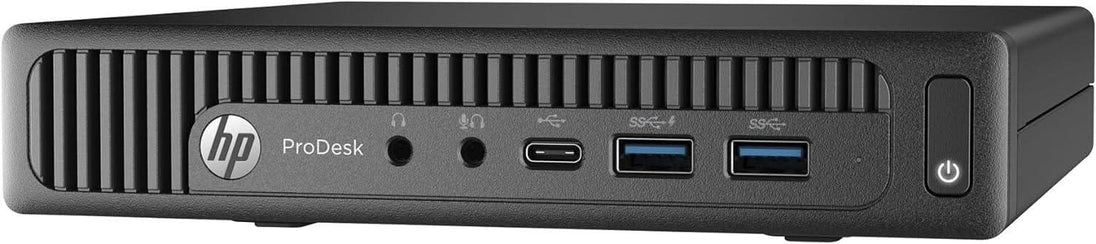 HP ProDesk mini desktop computer with USB ports and power button on front
