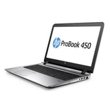 HP ProBook 450 laptop, silver, open, angled view showing keyboard and screen