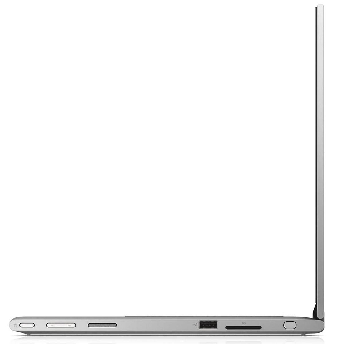 Side view of an open silver laptop showing USB port, SD card slot, and power button