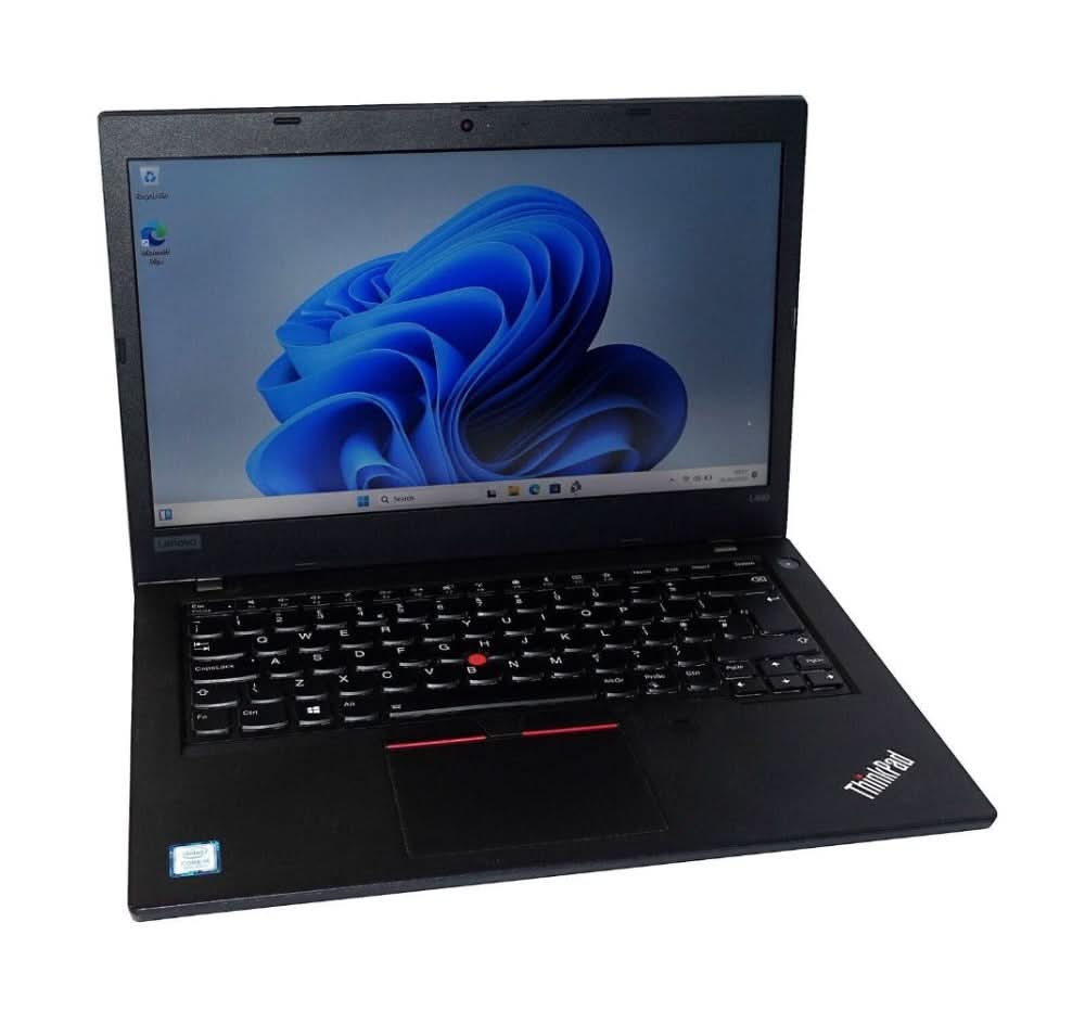Refurbished Lenovo ThinkPad laptop with Windows 11, black keyboard, open on white background