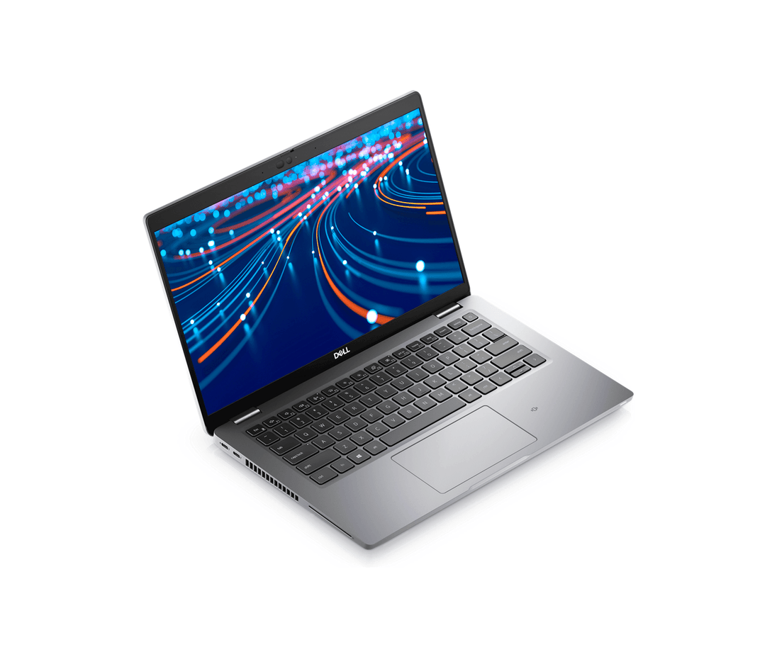 Refurbished Dell laptop with open screen and sleek grey design on white background