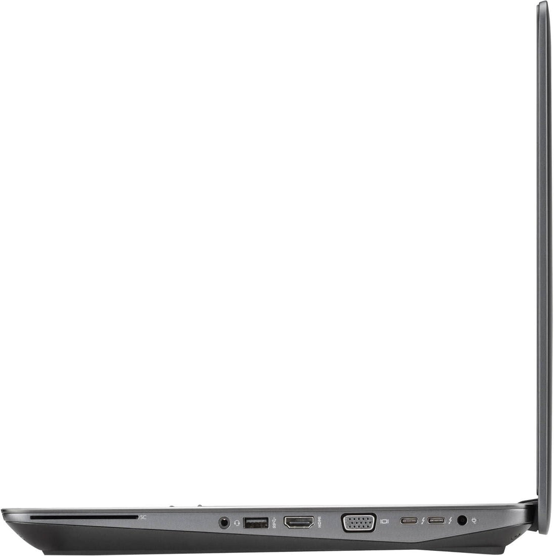 Side view of a slim refurbished laptop showing multiple ports on a white background
