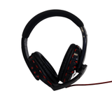 Black and red wired over-ear headset with microphone on white background